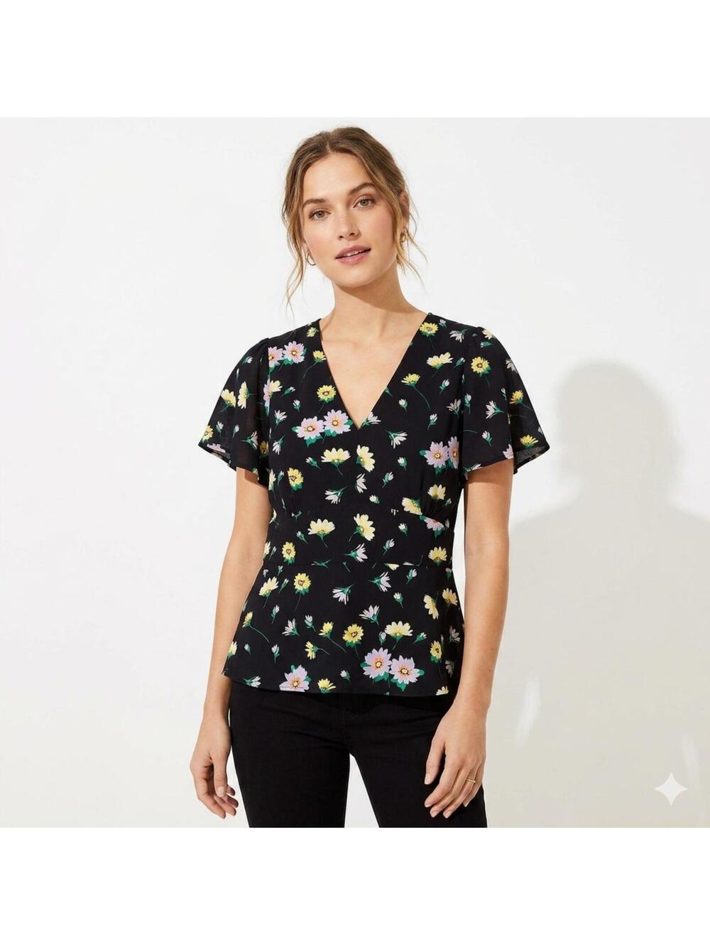Loft Black Floral Lightweight Zip-Back Top Size 6